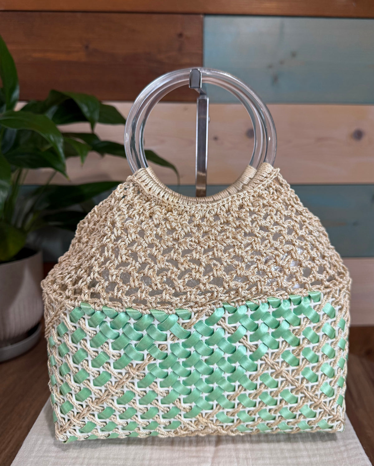 Vintage Mint Macramé Lucite Handle Handbag