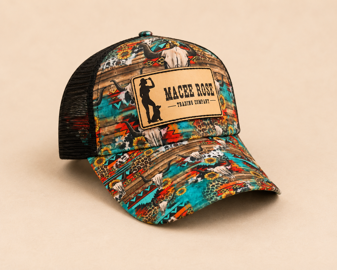 Macee Rose Turquoise Western Ponytail Trucker Hat