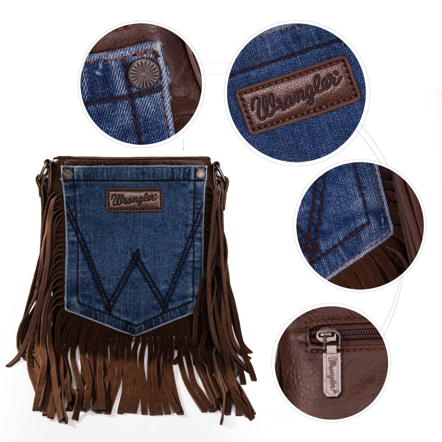 WG44-8360 Wrangler Leather Fringe Jean Denim Pocket Crossbody - Coffee