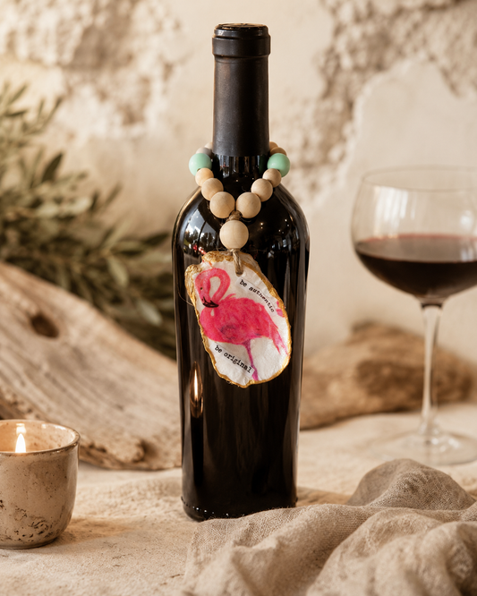 Flamingo Oyster Shell Bottle Charm | Coastal Wine Decor Gift