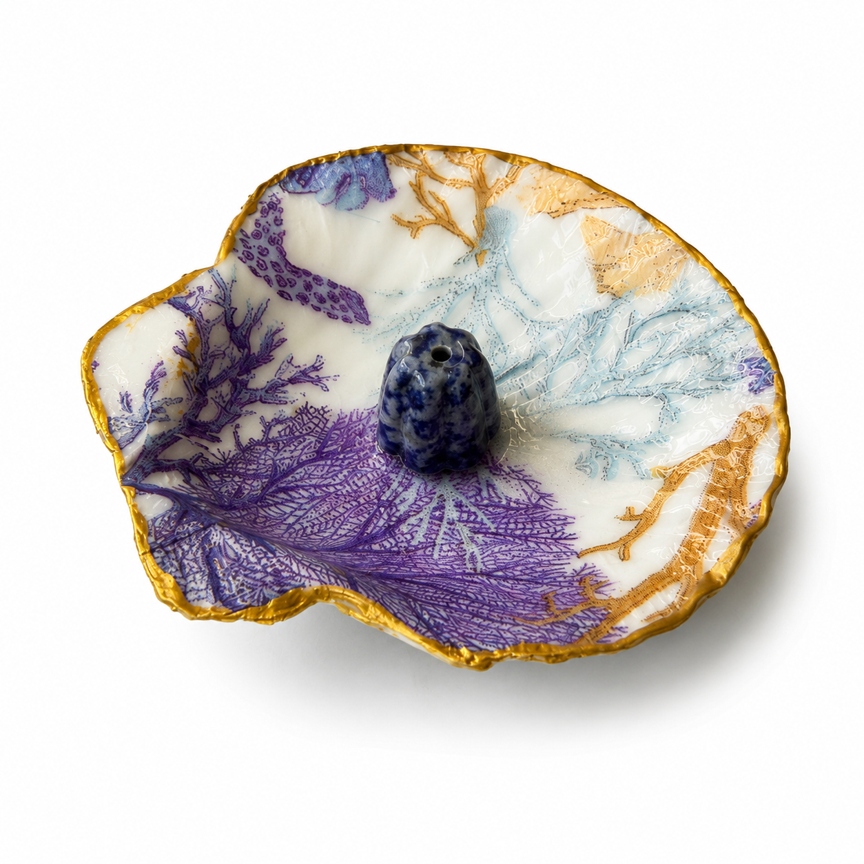 Coastal Blue Handmade Shell Incense Burner Collection | Decorated Scallop Shell with Crystal Incense Holders