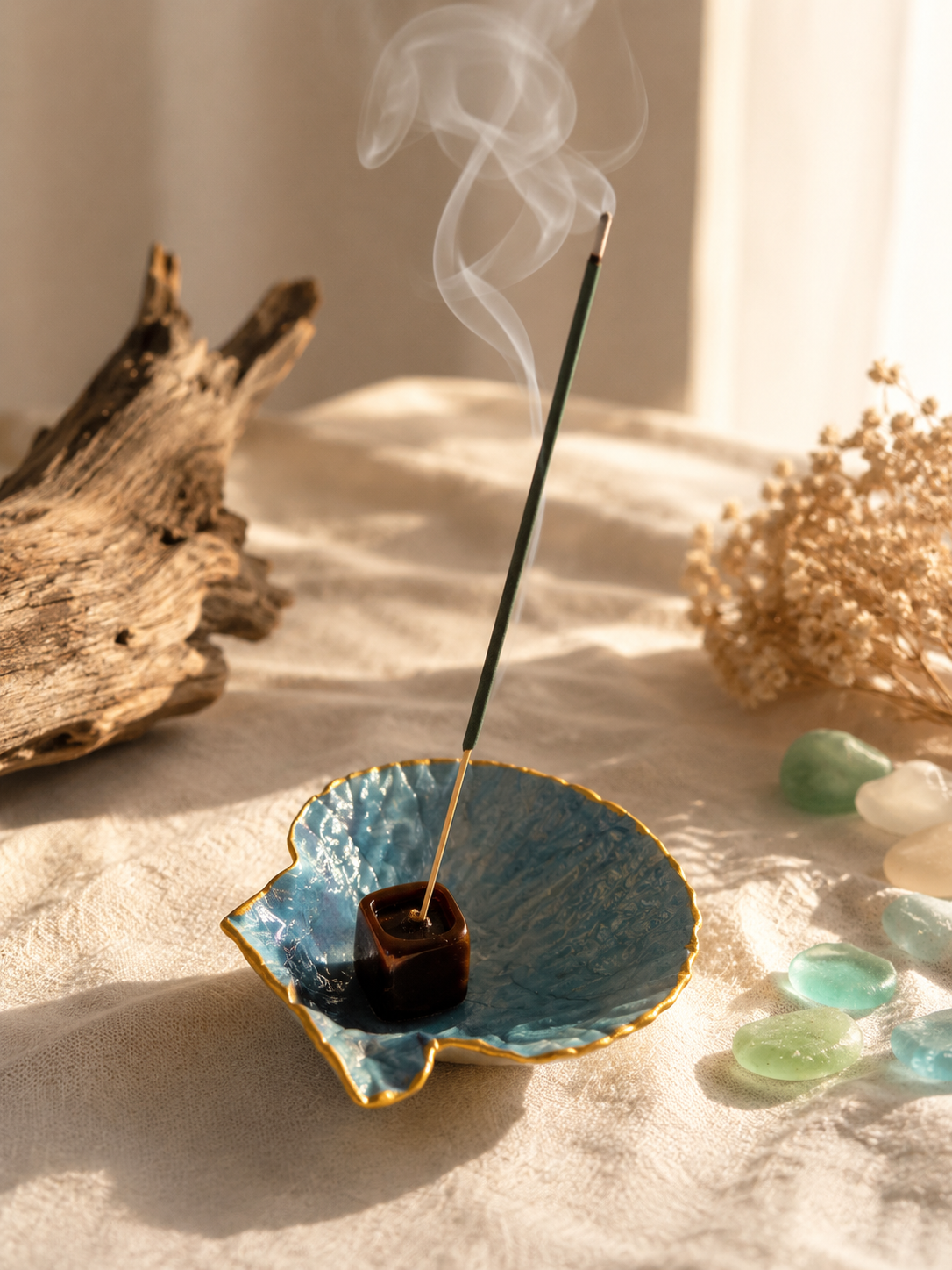 Coastal Blue Handmade Shell Incense Burner Collection | Decorated Scallop Shell with Crystal Incense Holders