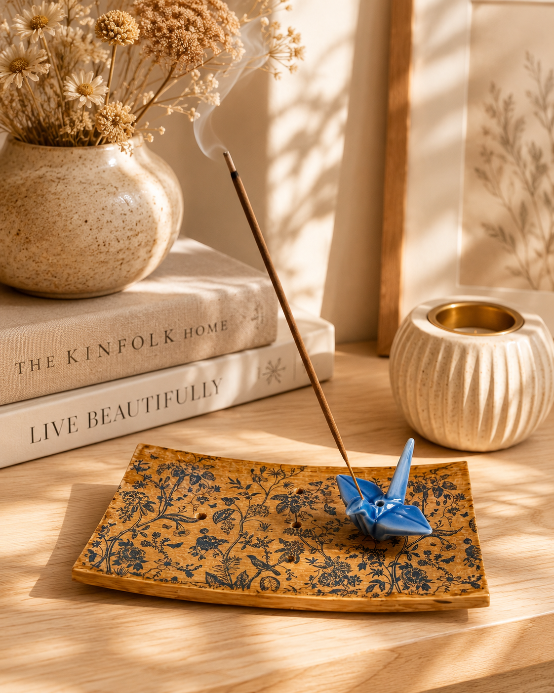 Origami Garden Incense Burner | Handcrafted Bamboo Incense Tray with Ceramic Crane Holder