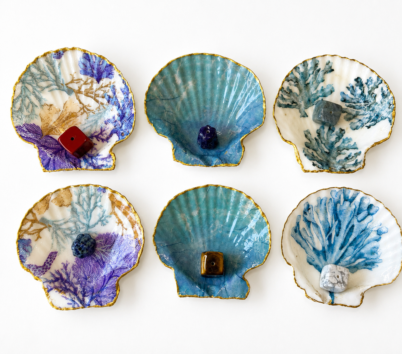 Coastal Blue Handmade Shell Incense Burner Collection | Decorated Scallop Shell with Crystal Incense Holders