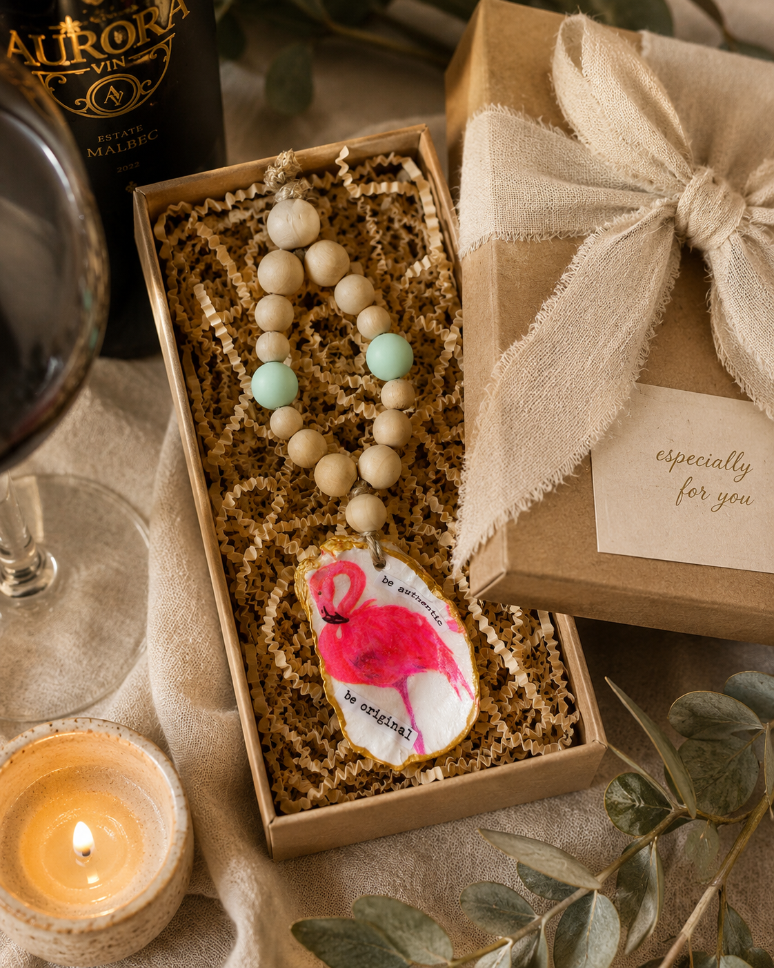 Flamingo Oyster Shell Bottle Charm | Coastal Wine Decor Gift