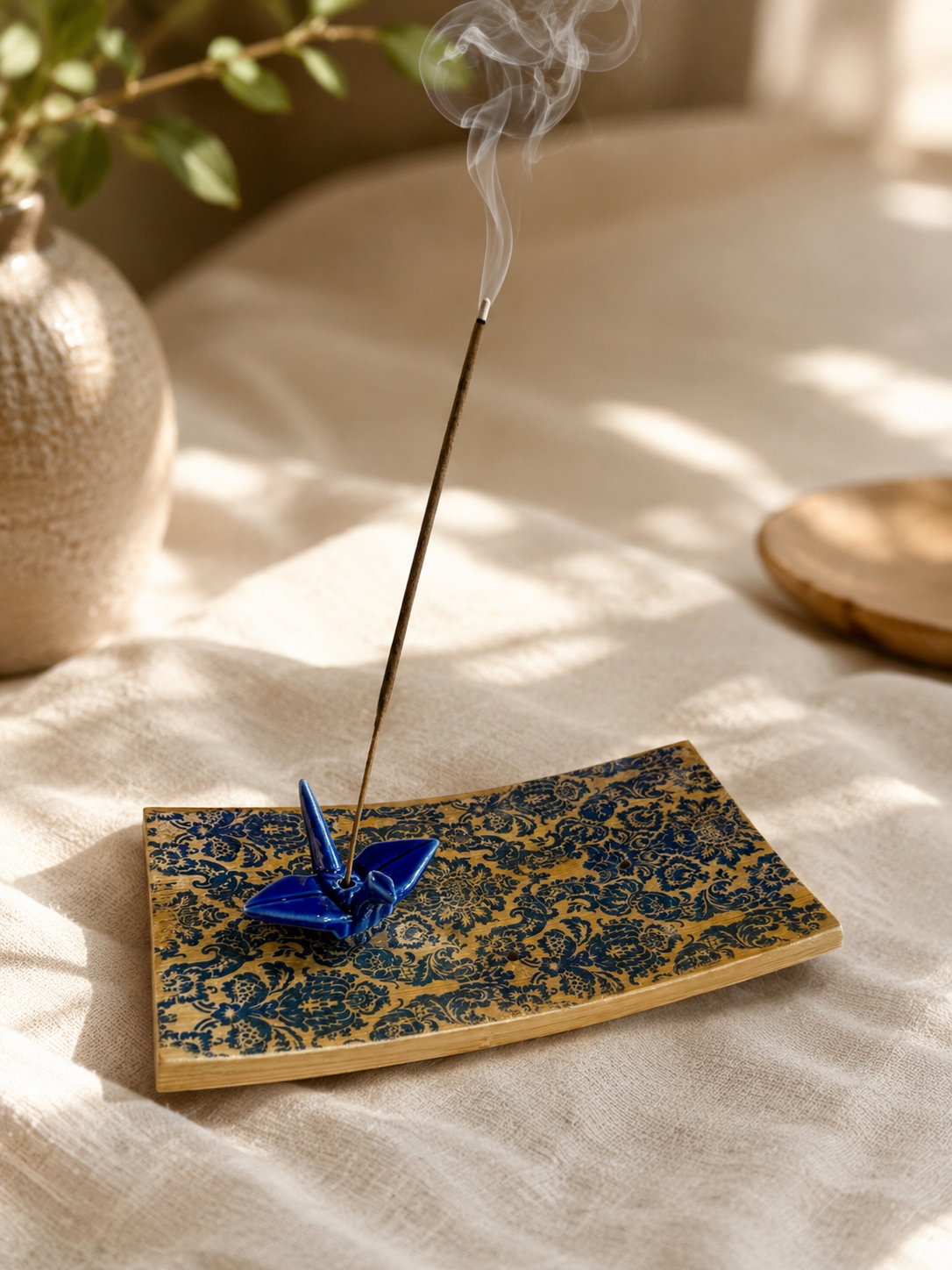 Origami Garden Incense Burner | Handcrafted Bamboo Incense Tray with Ceramic Crane Holder