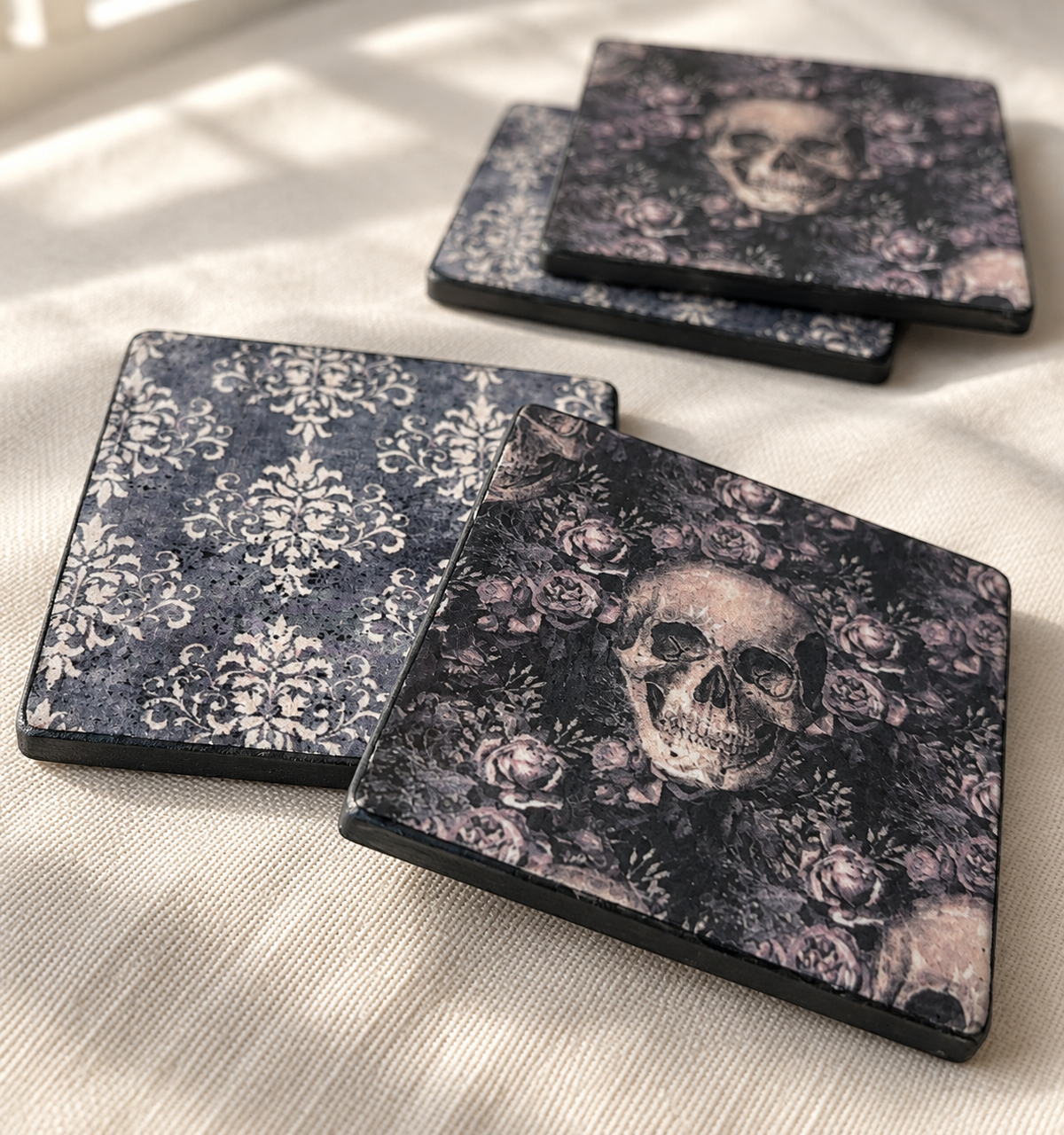 Gothic Skull & Damask Coaster Set with Metal Holder