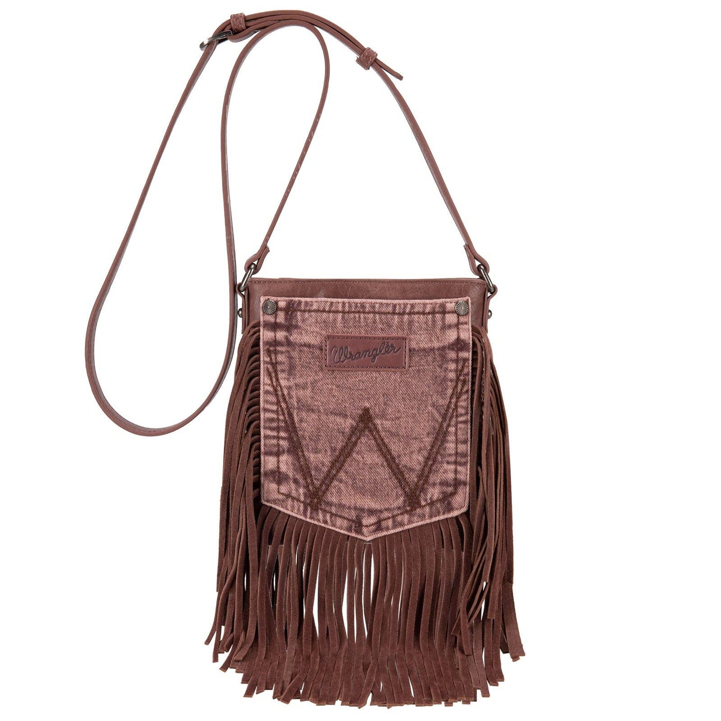 WG44-8360  Wrangler Leather Fringe Jean Denim Pocket Crossbody - Light Coffee