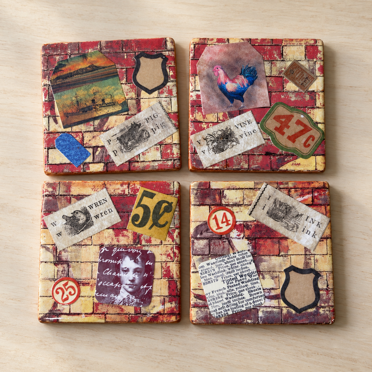 Vintage Mercantile Farmhouse Coaster Set – Set of 4 with Holder
