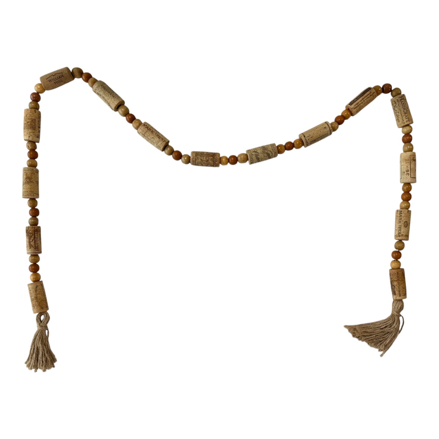 Handcrafted Wine Cork Garland – Timeless Rustic Boho Decor with Round Wood Beads & Tassels