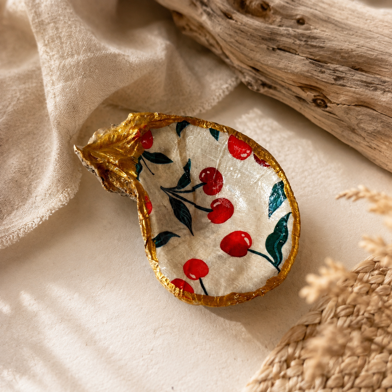 Natural Shell Trinket Dish, Coastal Home Decor - Cherries