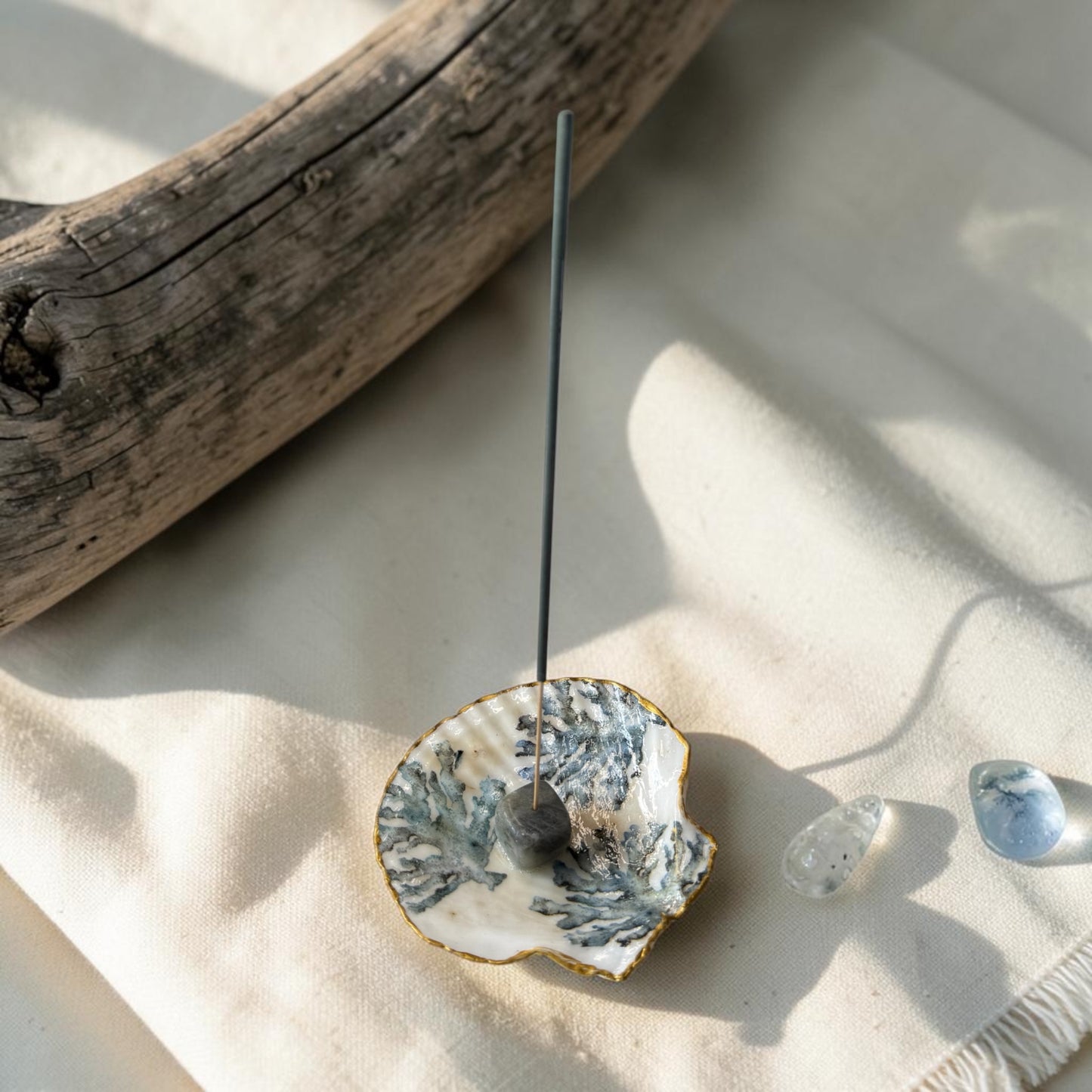 Coastal Blue Handmade Shell Incense Burner Collection | Decorated Scallop Shell with Crystal Incense Holders