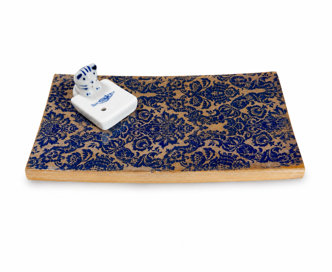 Furry Friends Blue Willow Incense Tray – Handcrafted Wooden Incense Burner with Ceramic Cat Holder