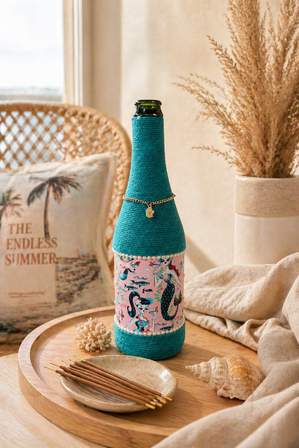 Retro Mermaid Upcycled Wine Bottle Incense Burner | Coastal Home Fragrance Decor