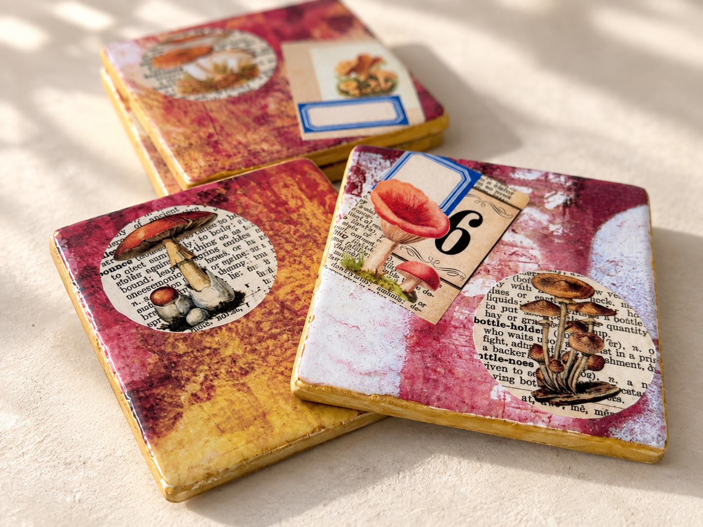 Vintage Mushroom Collage Coaster Set
