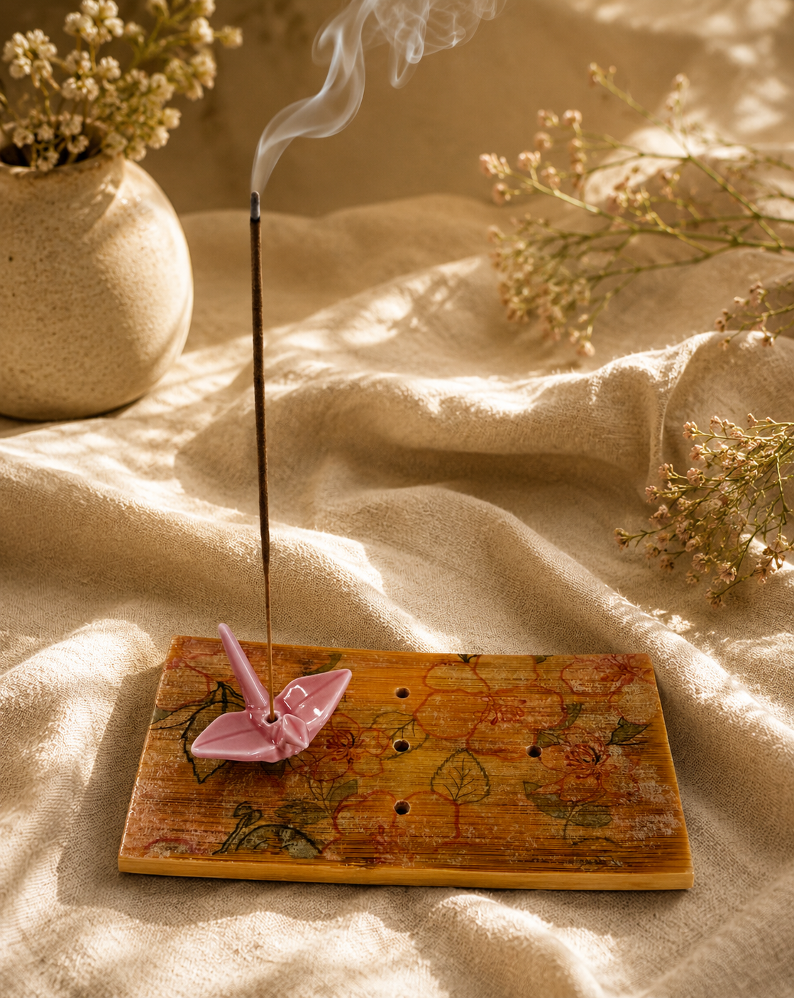 Origami Garden Incense Burner | Handcrafted Bamboo Incense Tray with Ceramic Crane Holder