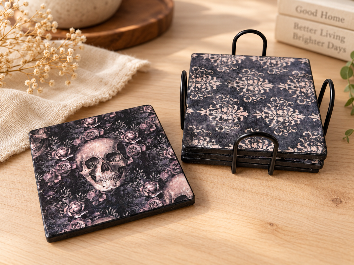 Gothic Skull & Damask Coaster Set with Metal Holder