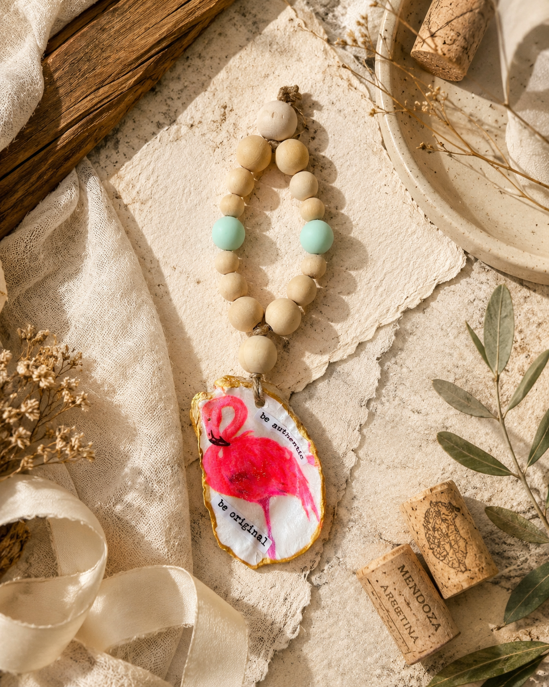 Flamingo Oyster Shell Bottle Charm | Coastal Wine Decor Gift