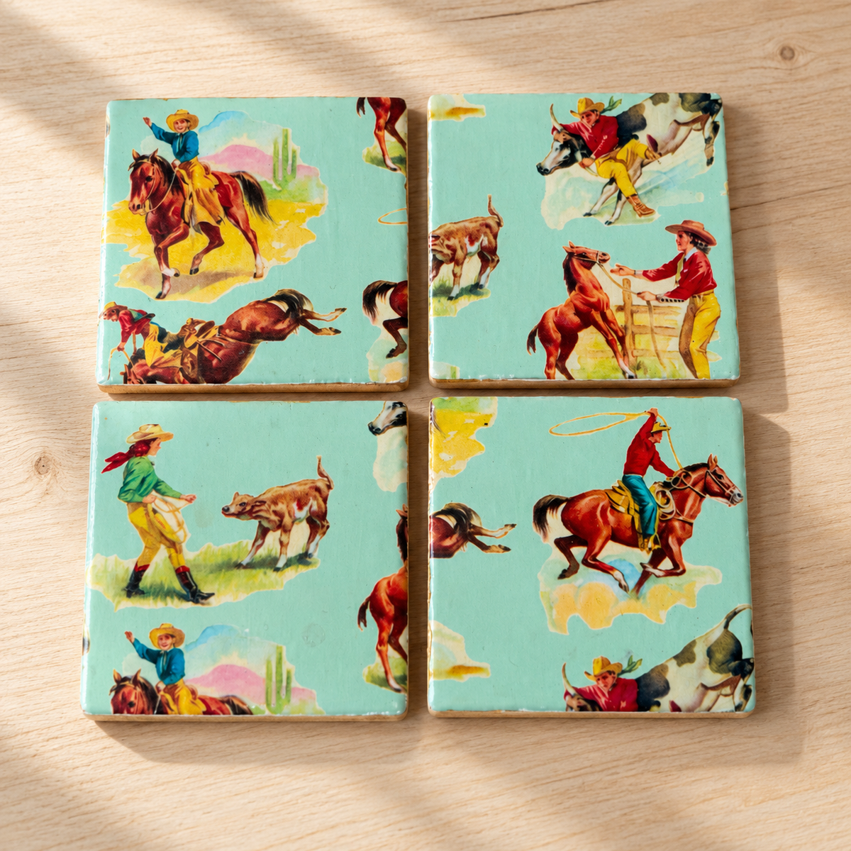 Retro Cowboy Coaster Set with Holder