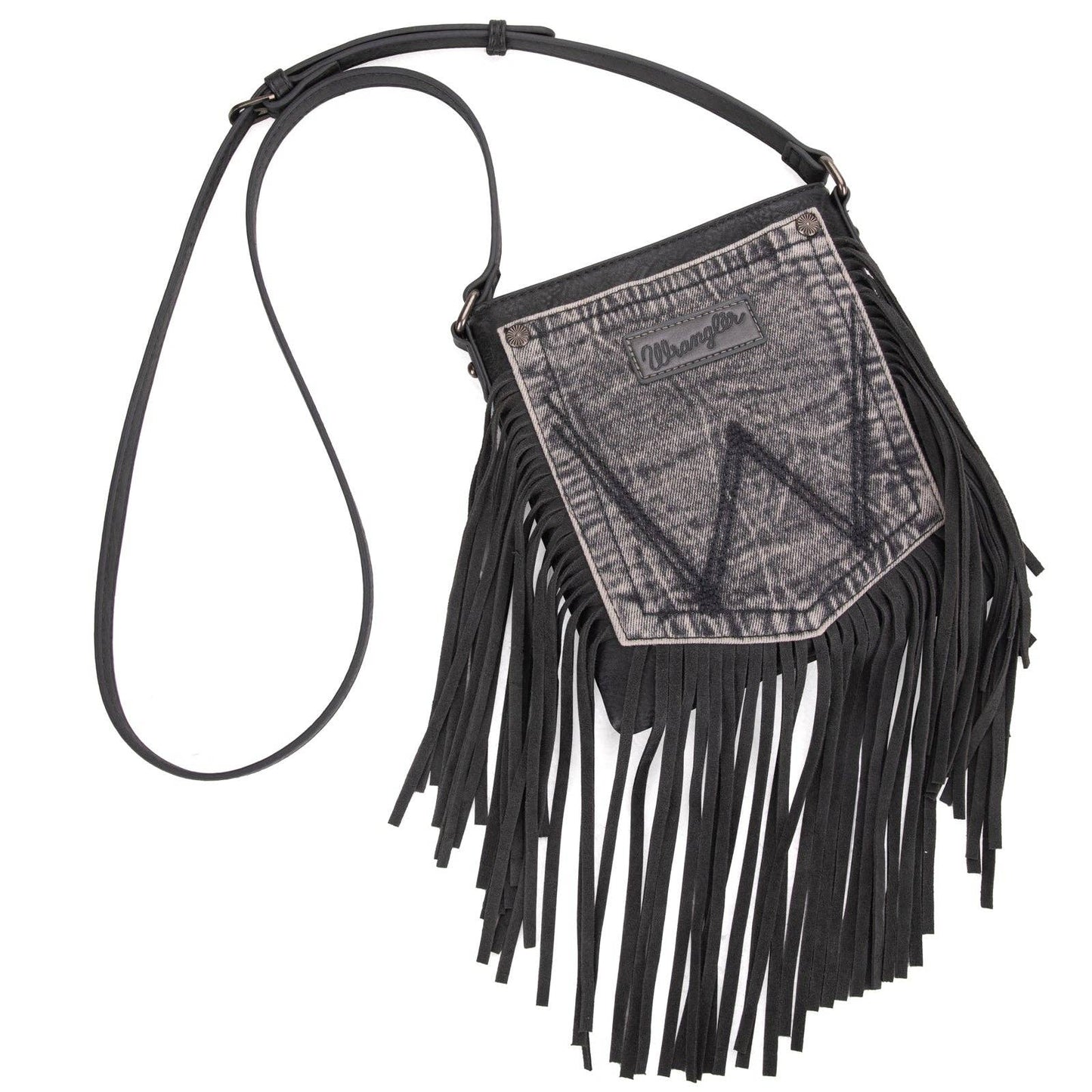 WG44-8360  Wrangler Leather Fringe Jean Denim Pocket Crossbody - Light Black