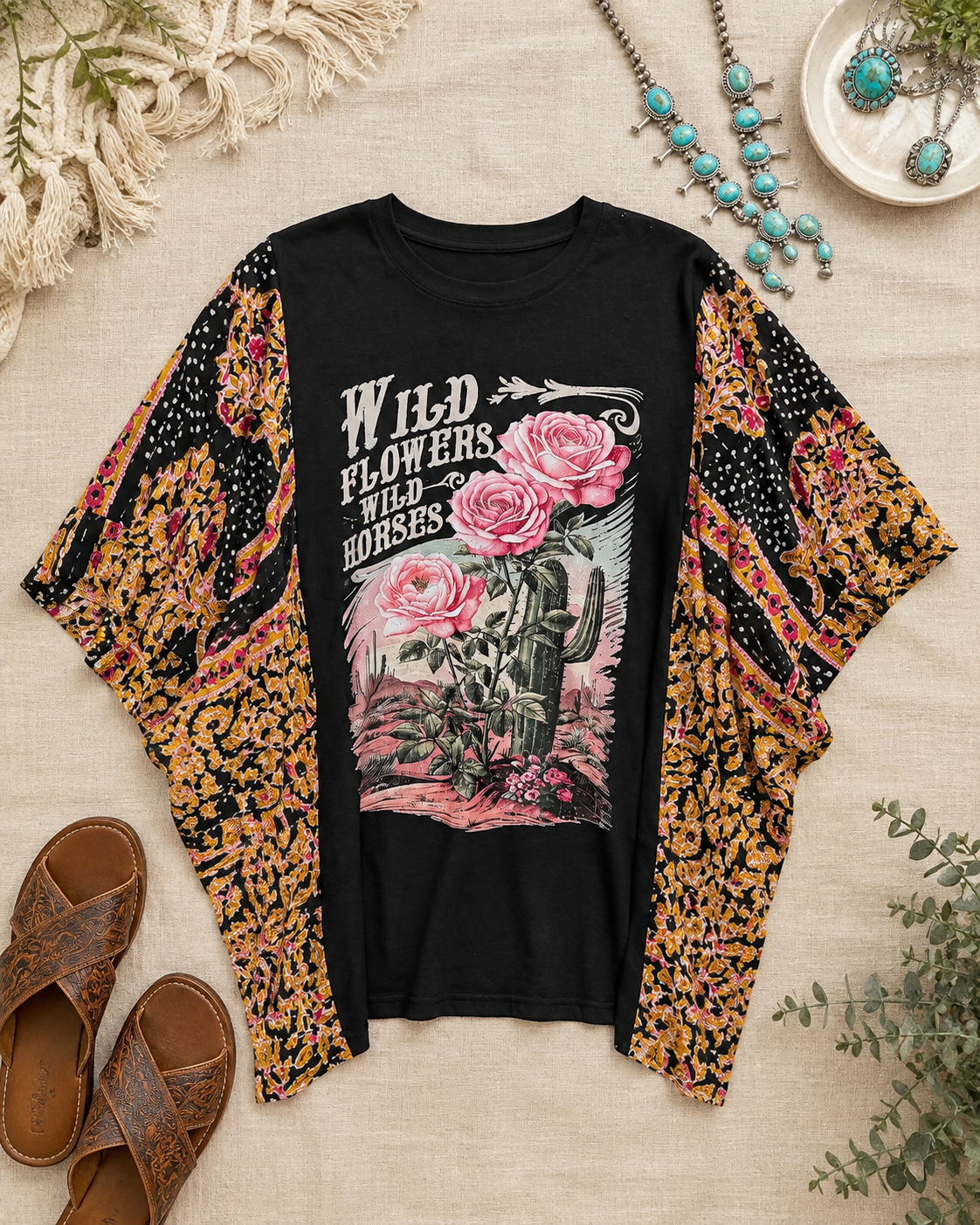 Wild Flowers & Wild Horses Boho Poncho Top