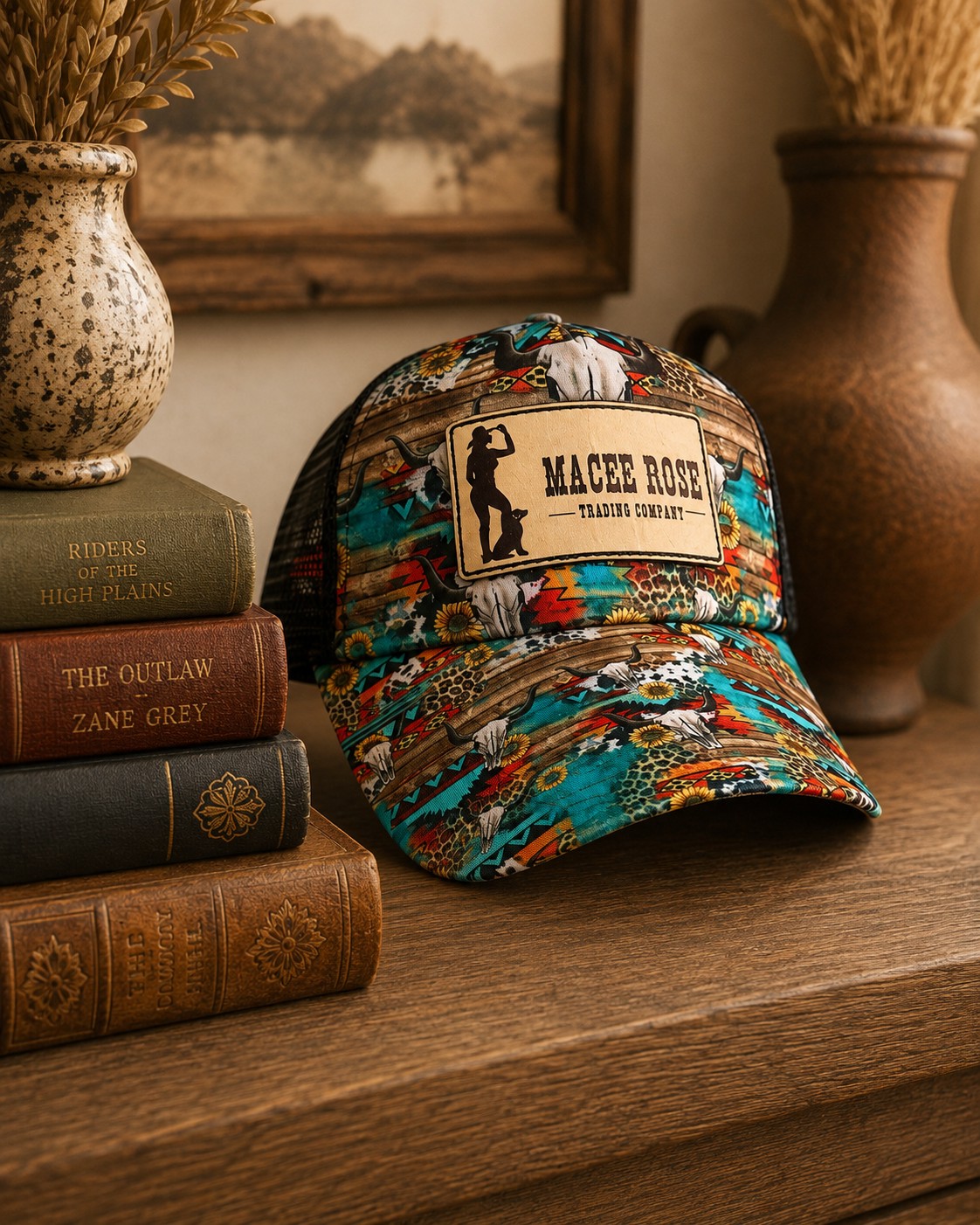 Macee Rose Turquoise Western Ponytail Trucker Hat