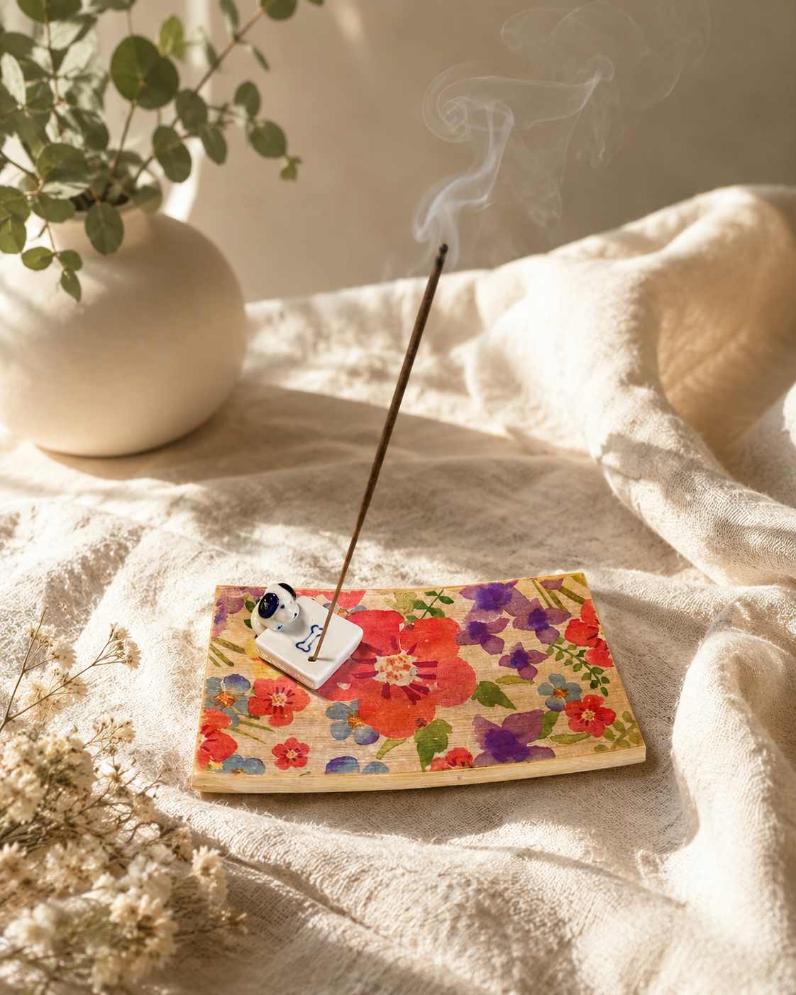 Furry Friends Incense Tray – Handcrafted Wooden Incense Burner with Ceramic Dog Holder