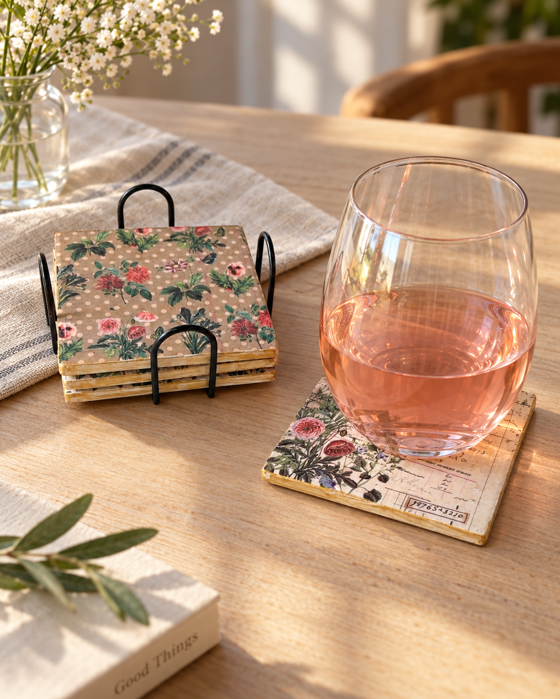 Vintage Botanical Floral Coaster Set with Holder