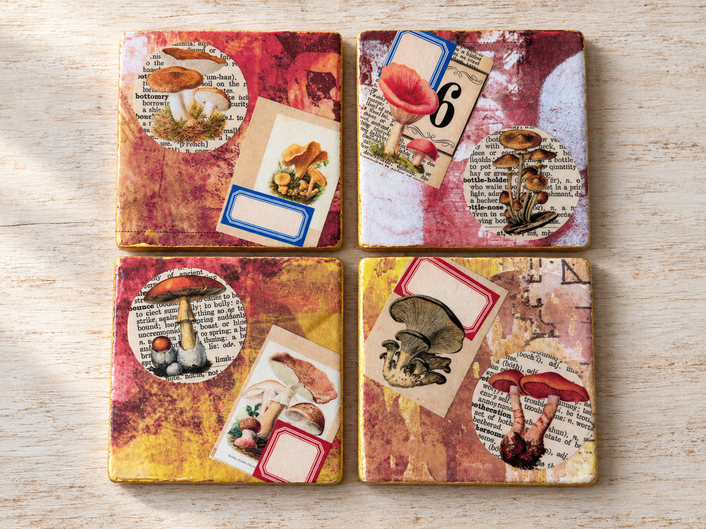 Vintage Mushroom Collage Coaster Set