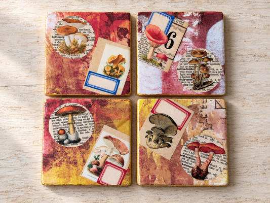 Vintage Mushroom Collage Coaster Set