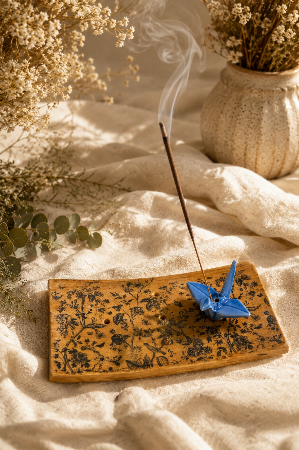 Origami Garden Incense Burner | Handcrafted Bamboo Incense Tray with Ceramic Crane Holder