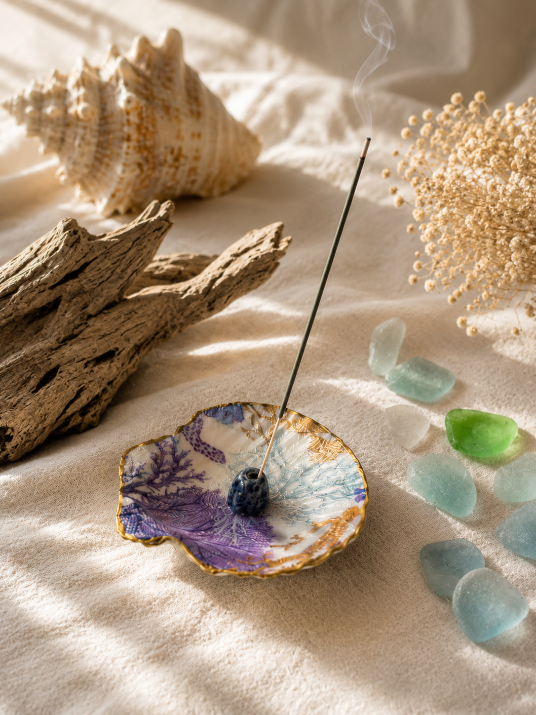 Coastal Blue Handmade Shell Incense Burner Collection | Decorated Scallop Shell with Crystal Incense Holders