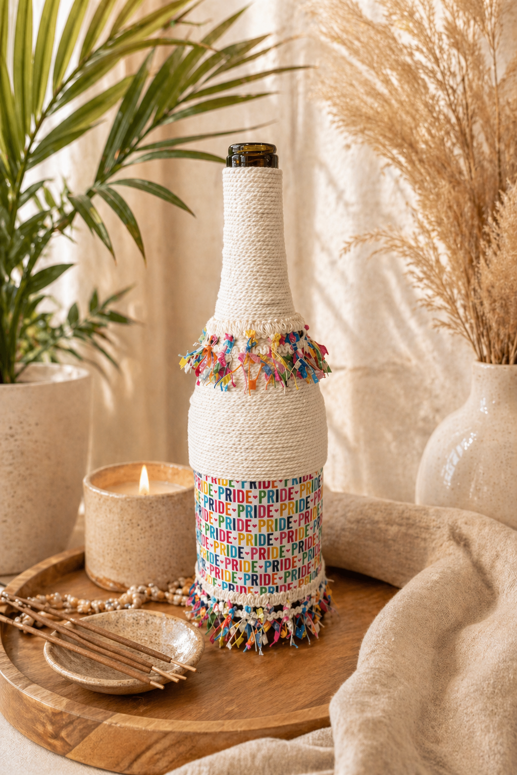 Rainbow Pride Upcycled Wine Bottle Incense Burner | Boho Home Fragrance Decor