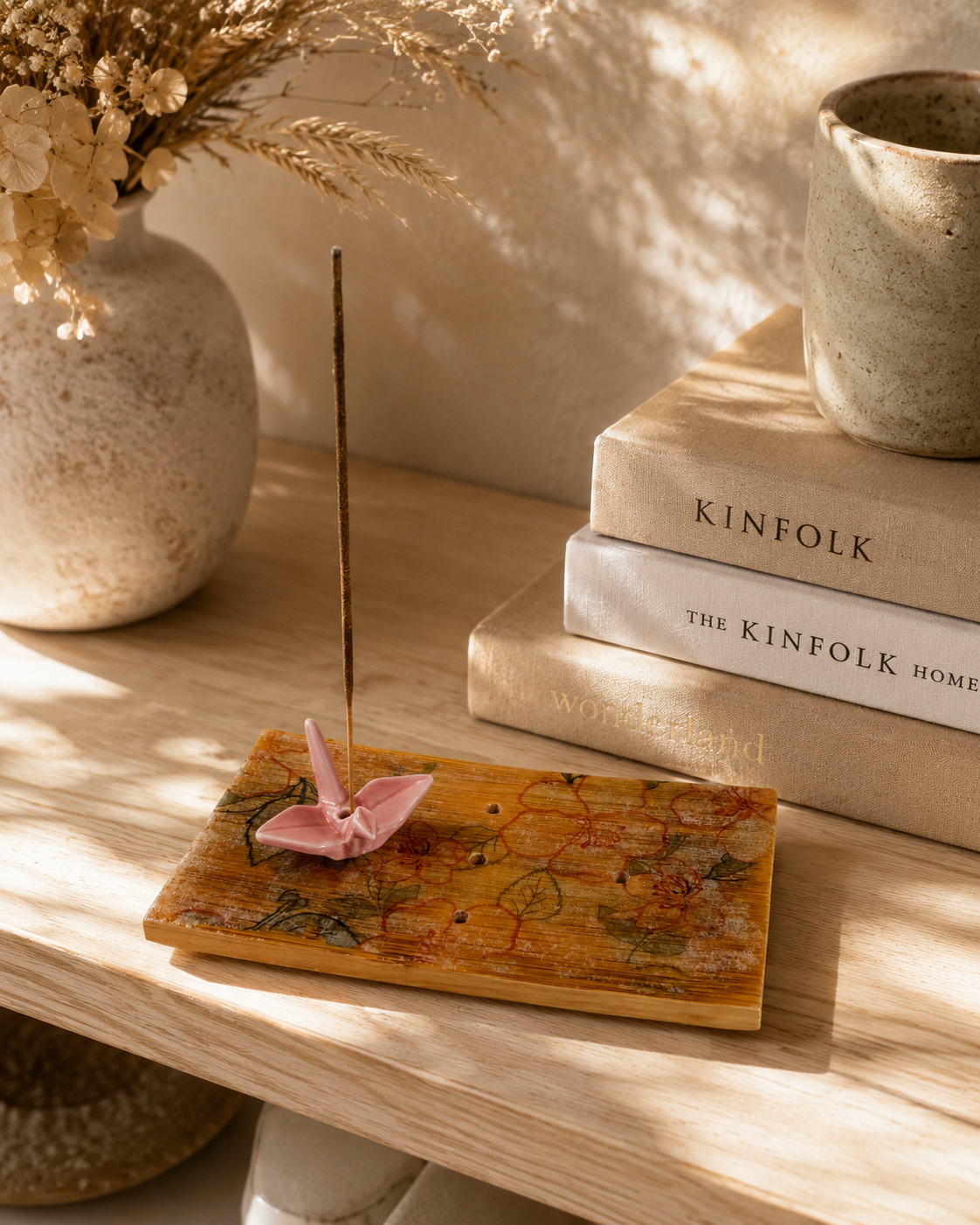 Origami Garden Incense Burner | Handcrafted Bamboo Incense Tray with Ceramic Crane Holder