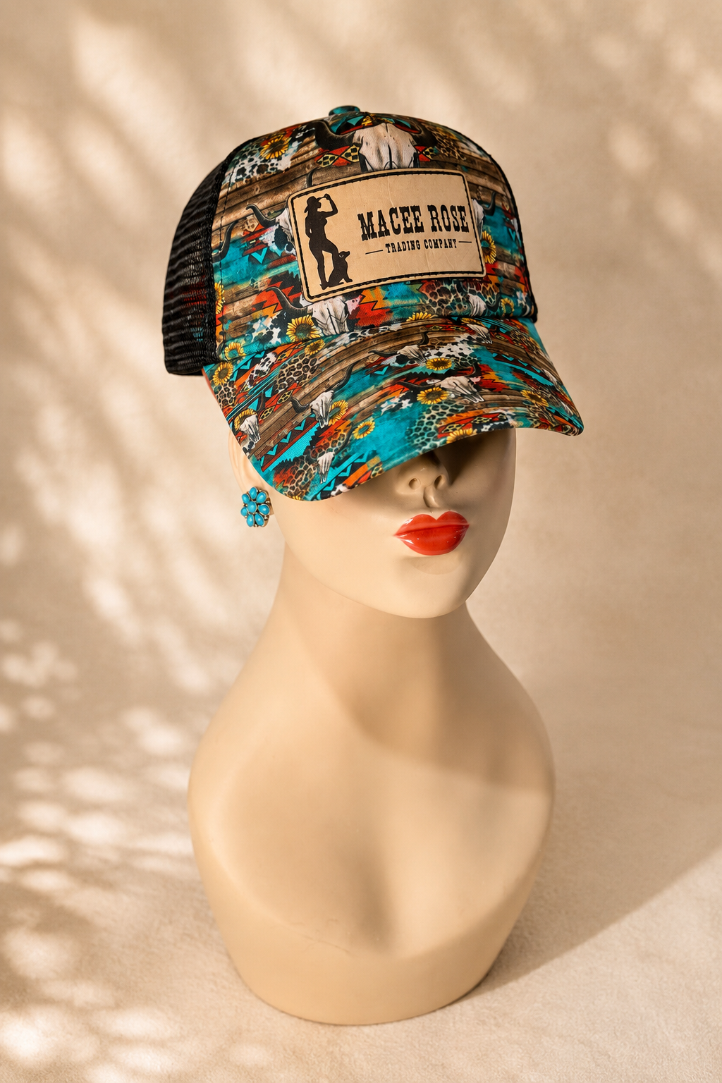 Macee Rose Turquoise Western Ponytail Trucker Hat
