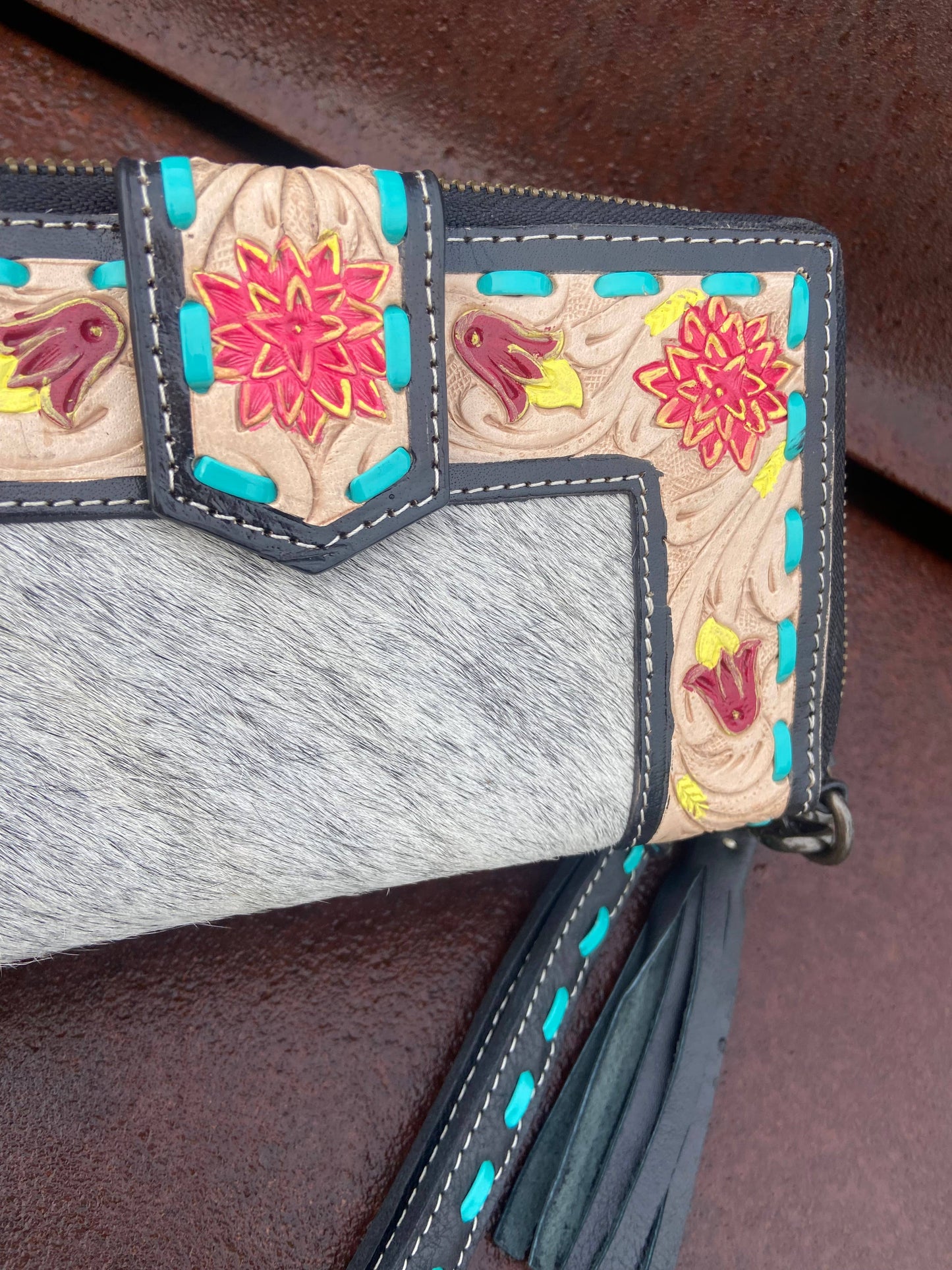 Womens Tooled Leather Cowhide Wristlet Wallet