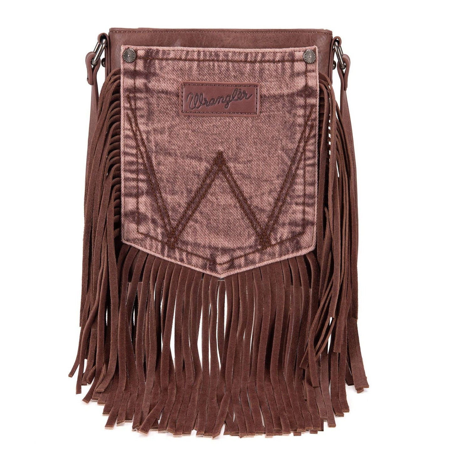 WG44-8360  Wrangler Leather Fringe Jean Denim Pocket Crossbody - Light Coffee