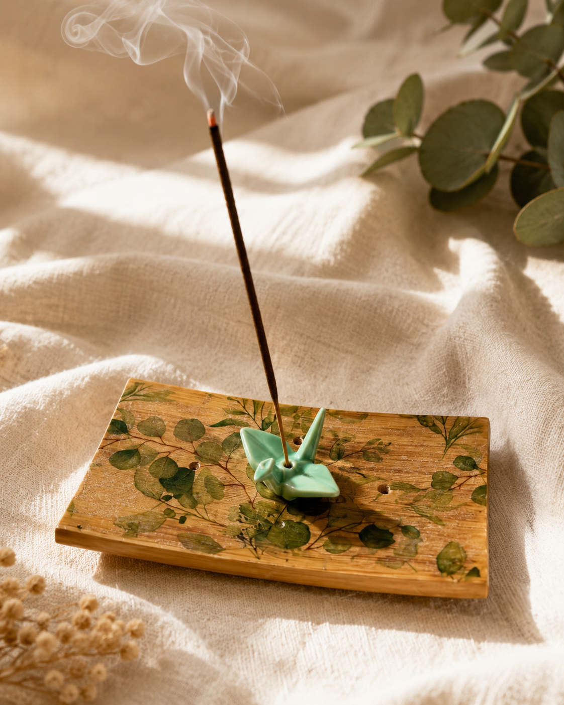 Origami Garden Incense Burner | Handcrafted Bamboo Incense Tray with Ceramic Crane Holder