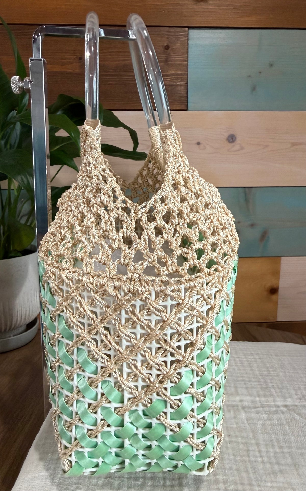 Vintage Mint Macramé Lucite Handle Handbag