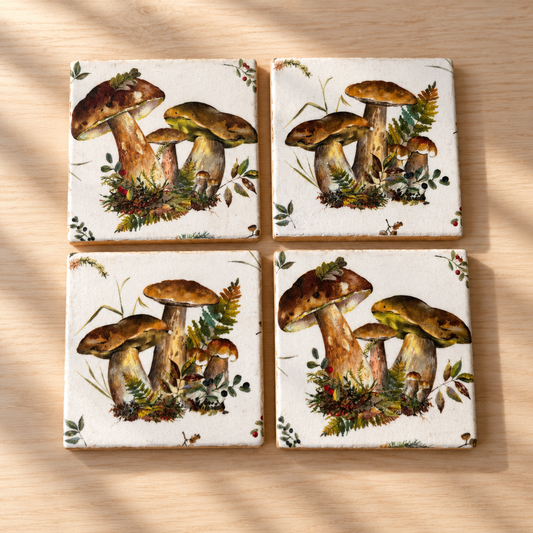 Woodland Mushroom Handmade Coaster Set | Set of 4 with Metal Holder