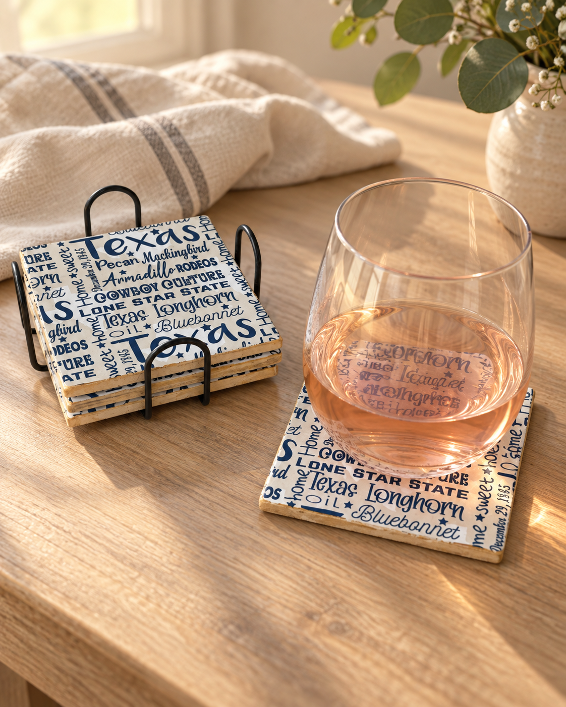 Texas Lone Star Handmade Coaster Set with Holder
