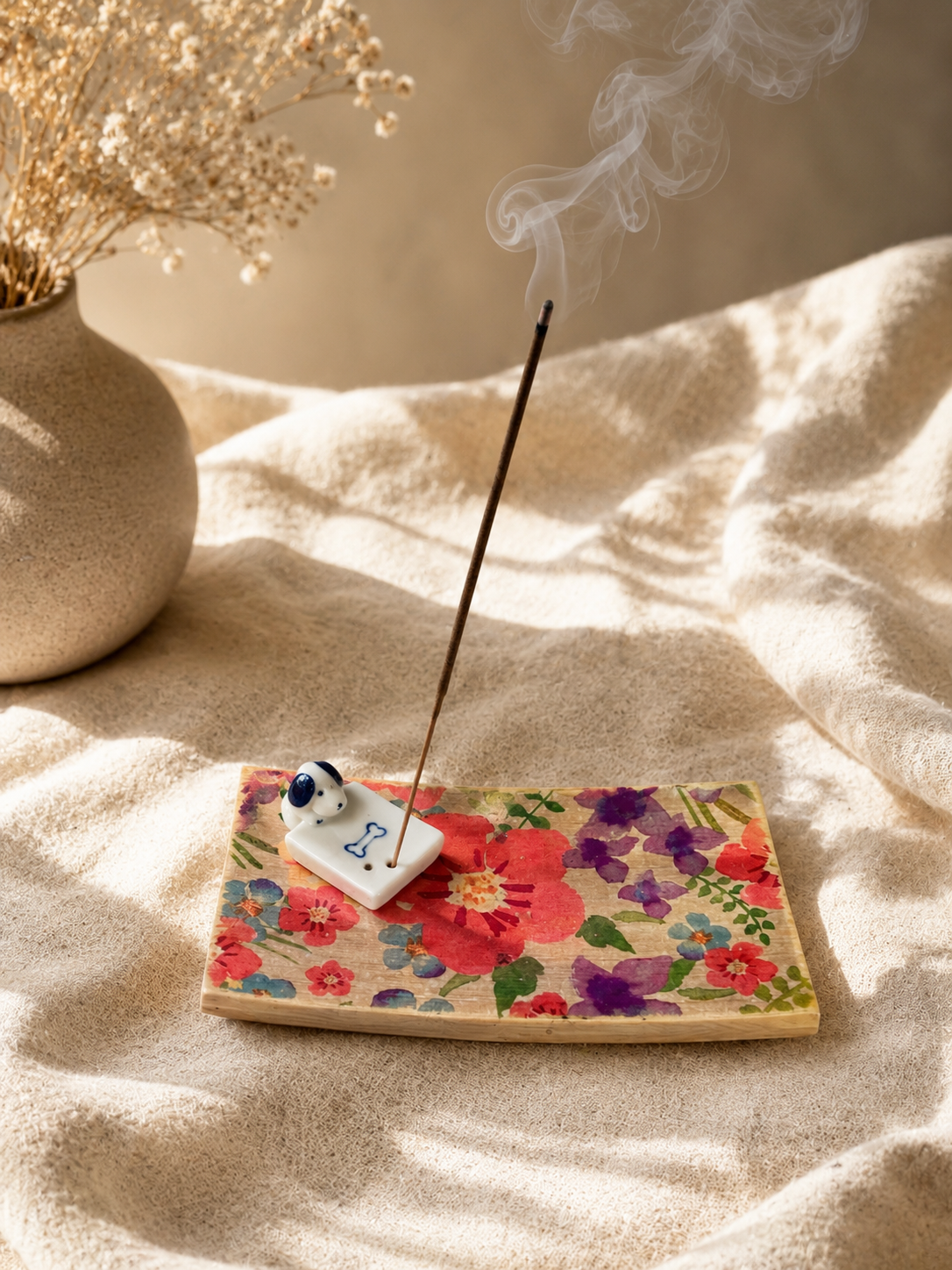 Furry Friends Incense Tray – Handcrafted Wooden Incense Burner with Ceramic Dog Holder