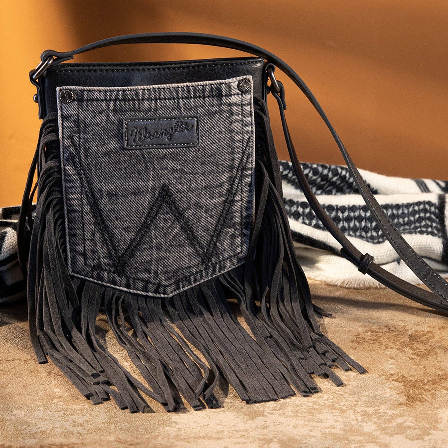 WG44-8360  Wrangler Leather Fringe Jean Denim Pocket Crossbody - Light Black