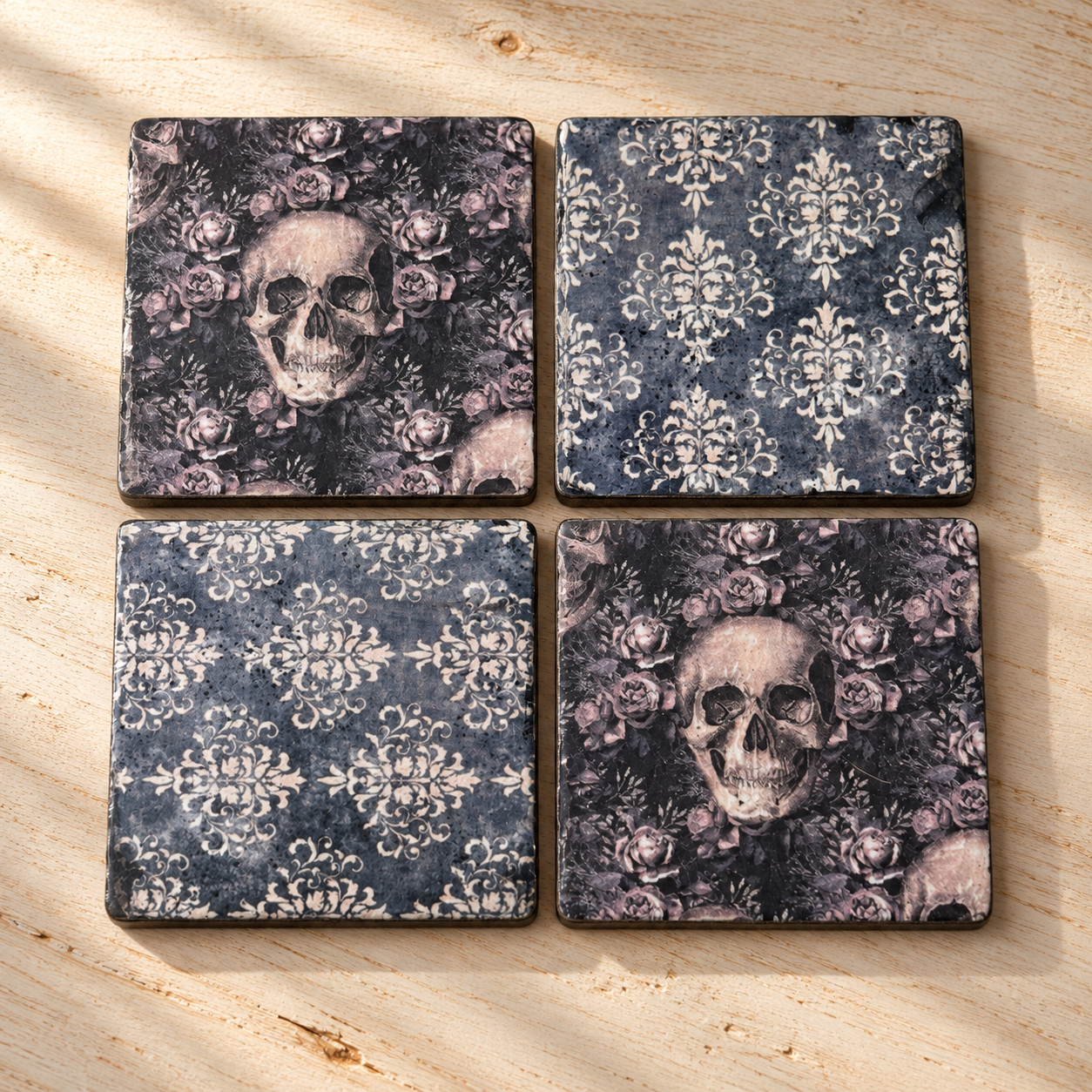 Gothic Skull & Damask Coaster Set with Metal Holder