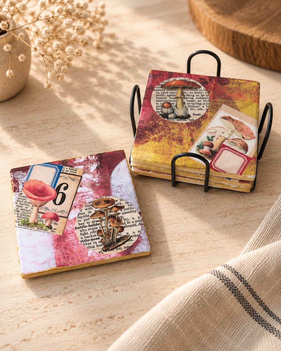 Vintage Mushroom Collage Coaster Set