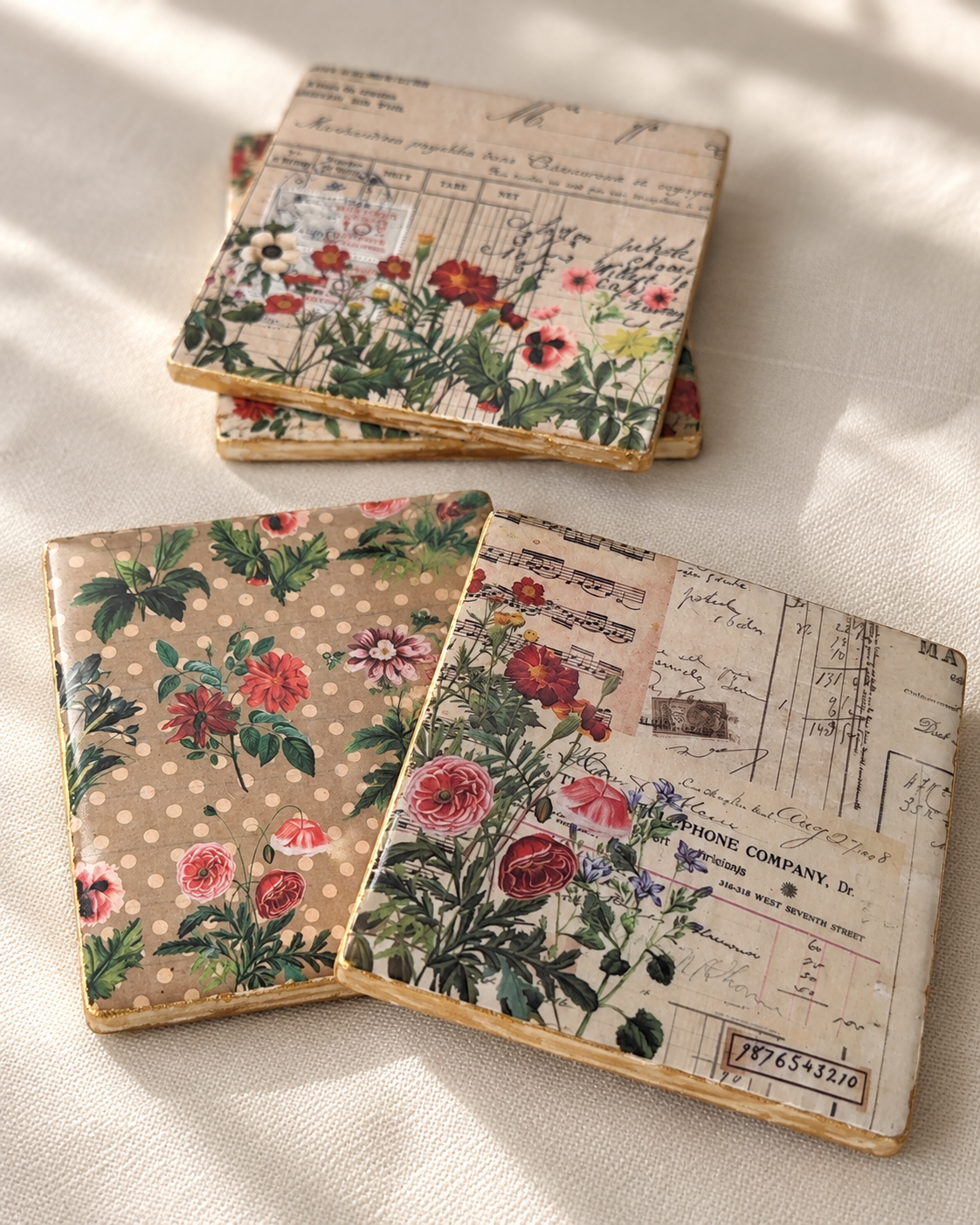 Vintage Botanical Floral Coaster Set with Holder