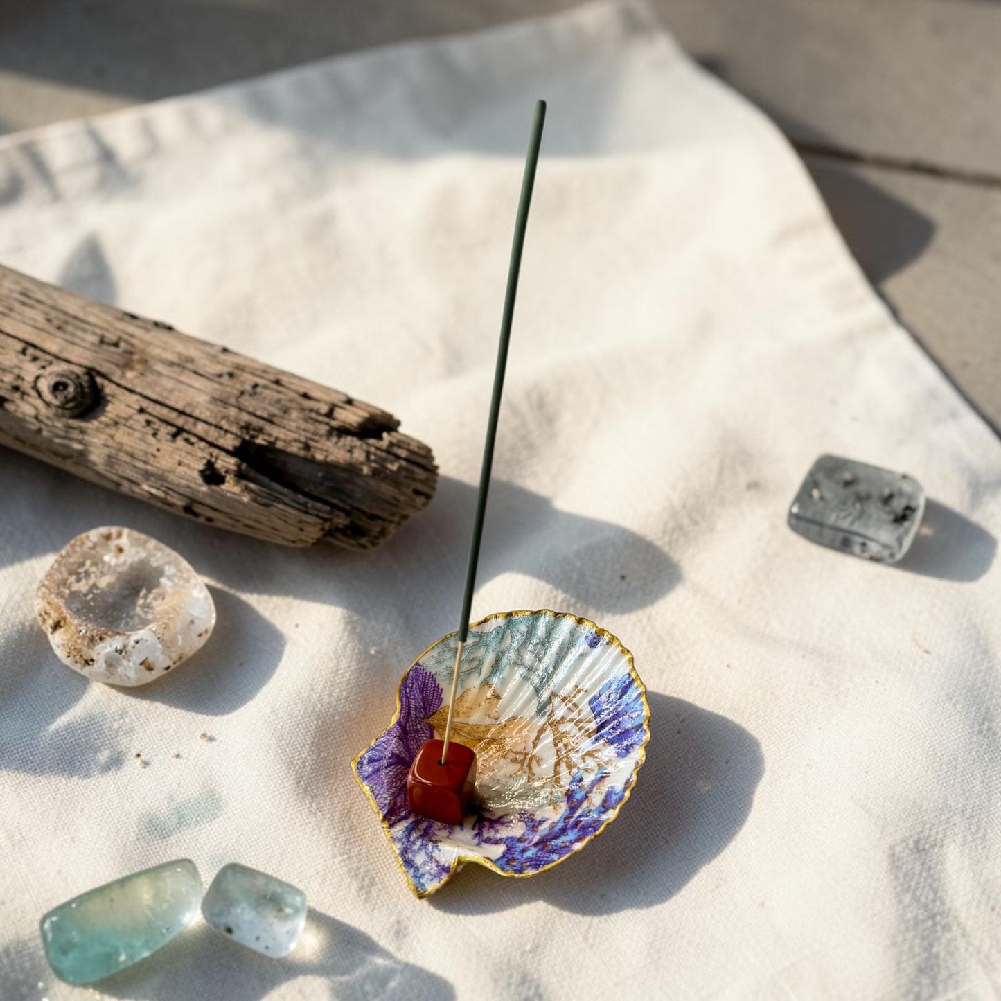 Coastal Blue Handmade Shell Incense Burner Collection | Decorated Scallop Shell with Crystal Incense Holders