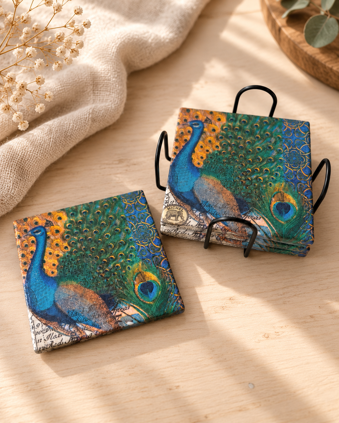 Peacock Splendor Handcrafted Coaster Set with Metal Holder