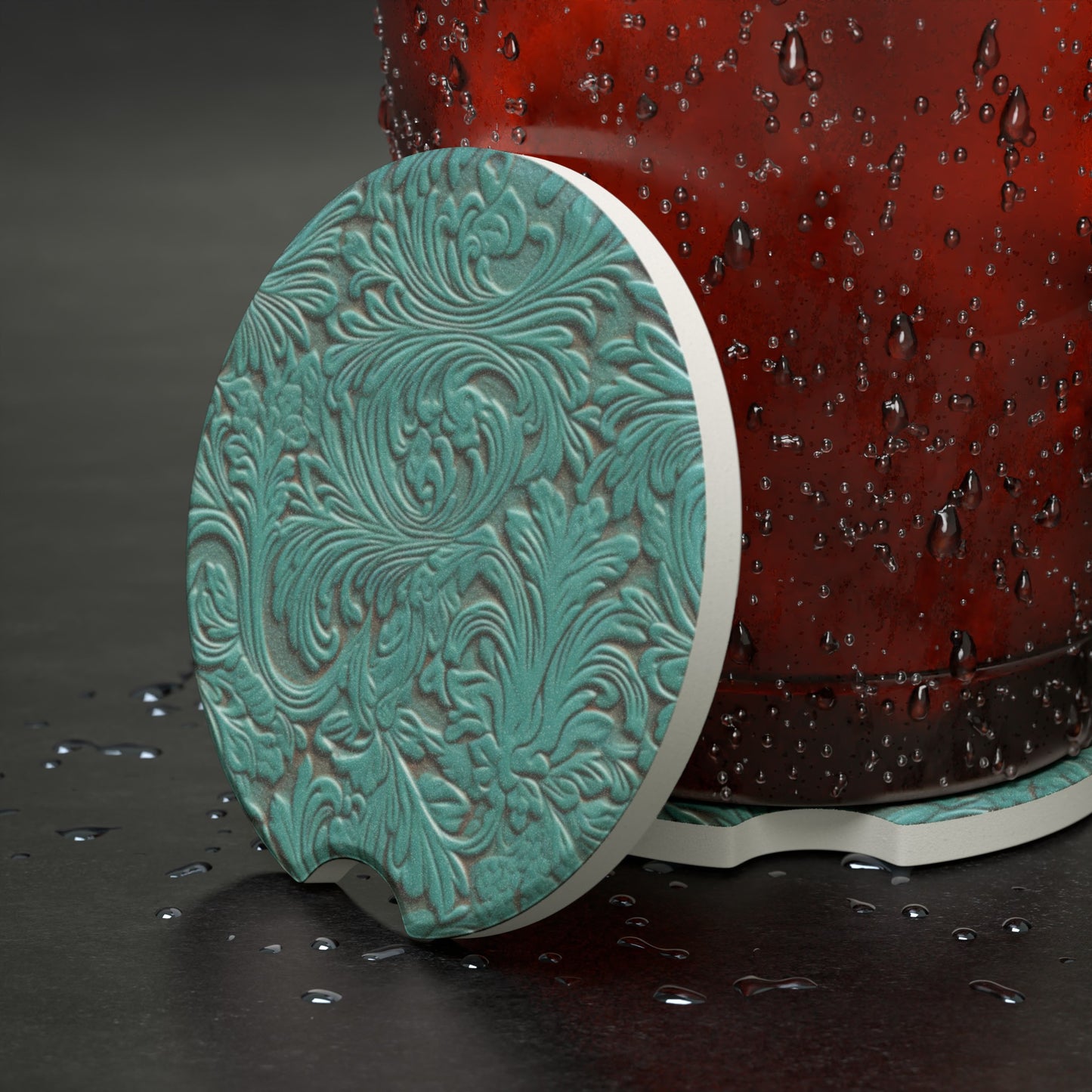 Turquois Leather Look Soapstone Car Coaster