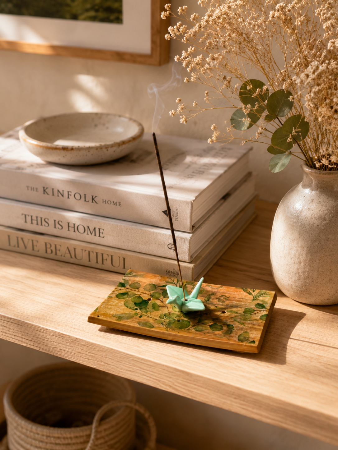 Origami Garden Incense Burner | Handcrafted Bamboo Incense Tray with Ceramic Crane Holder